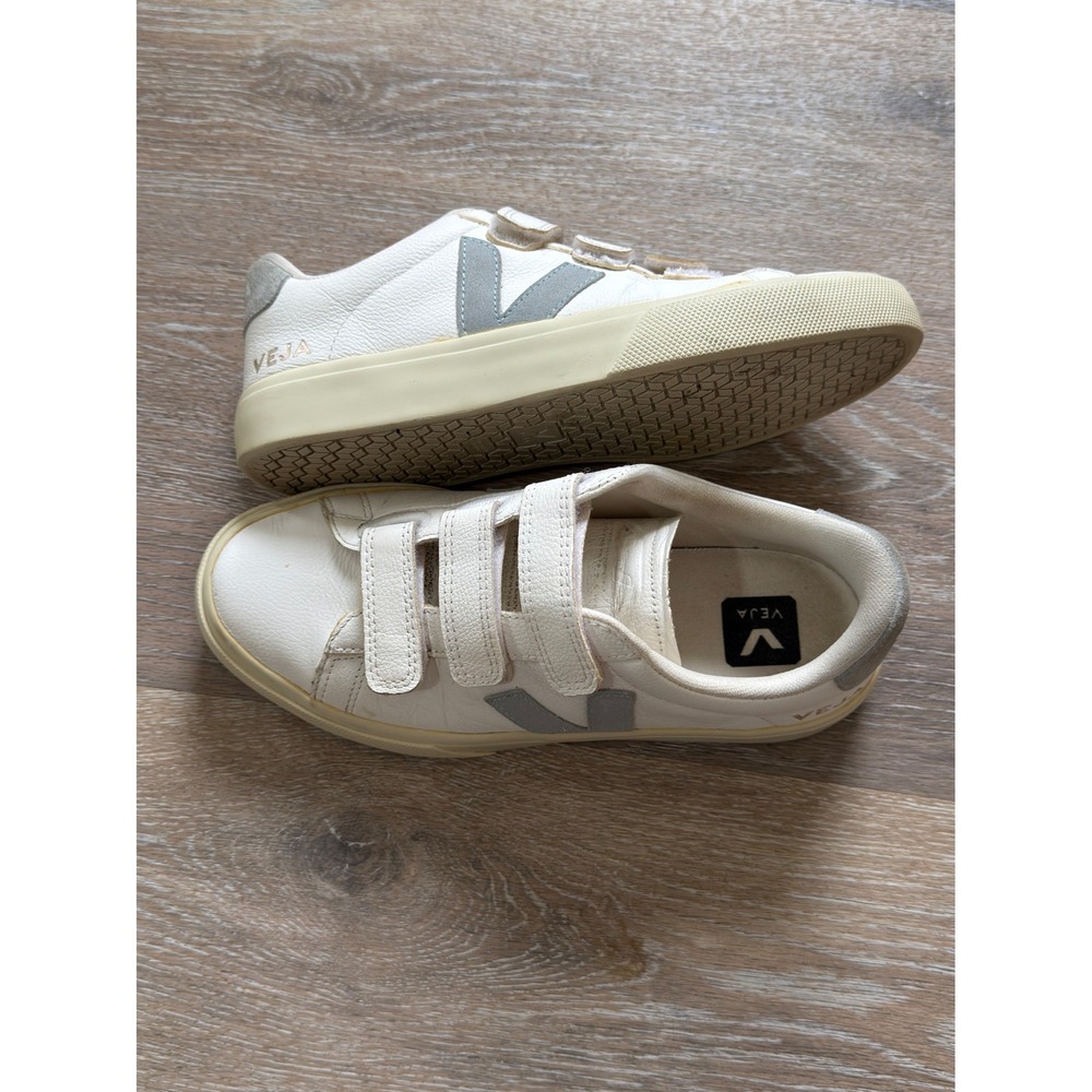 Veja Recife Logo White Grey Suede Leather Velcro Sneakers EUR 38 US 7